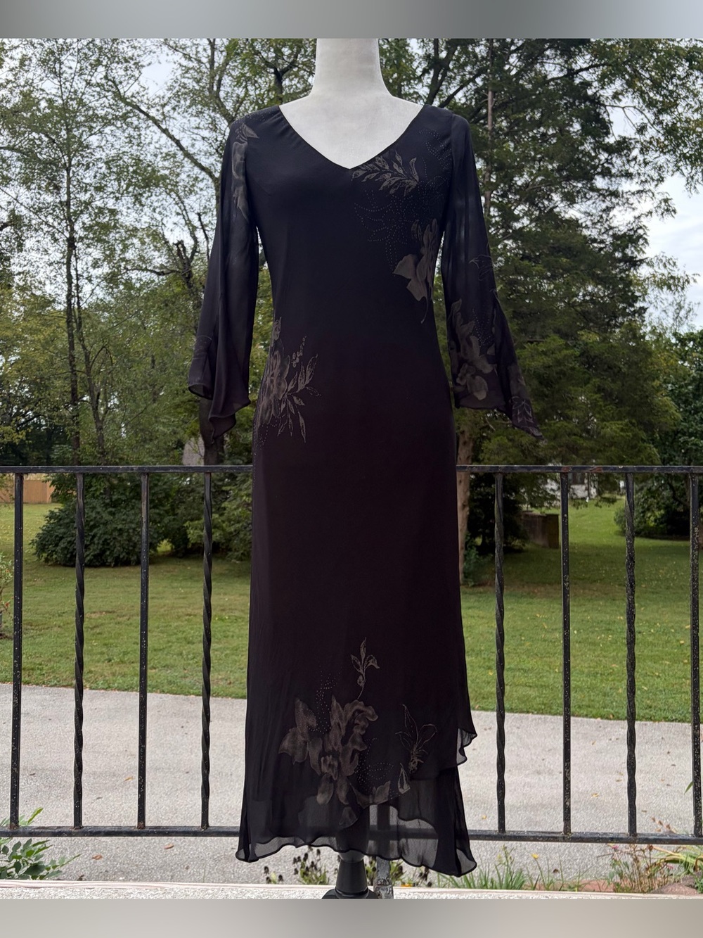 Vintage Y2K Silk Fairycore Whimsygoth Bias Cut Black Floral Dress Womens Size 8